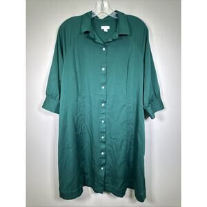 J.Jill Shirt Dress M Green Tencel Modal Button‎ Front Collared 3/4 Sleeve Shift